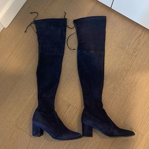 Stuart Weitzman Thighland Suede Navy Over the Knee Heeled Boots